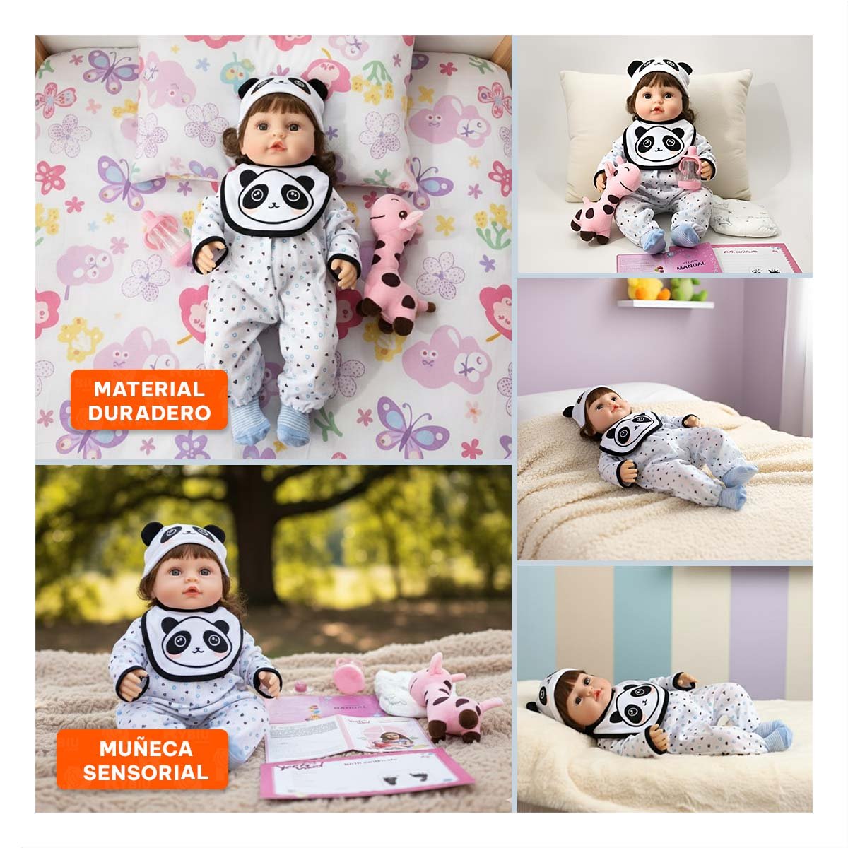 SET BEBE BLANCO SUAVE CON DISENO DE CORAZONES Y ACCESORIOS PANDA 45CM Y+POST IT - 5