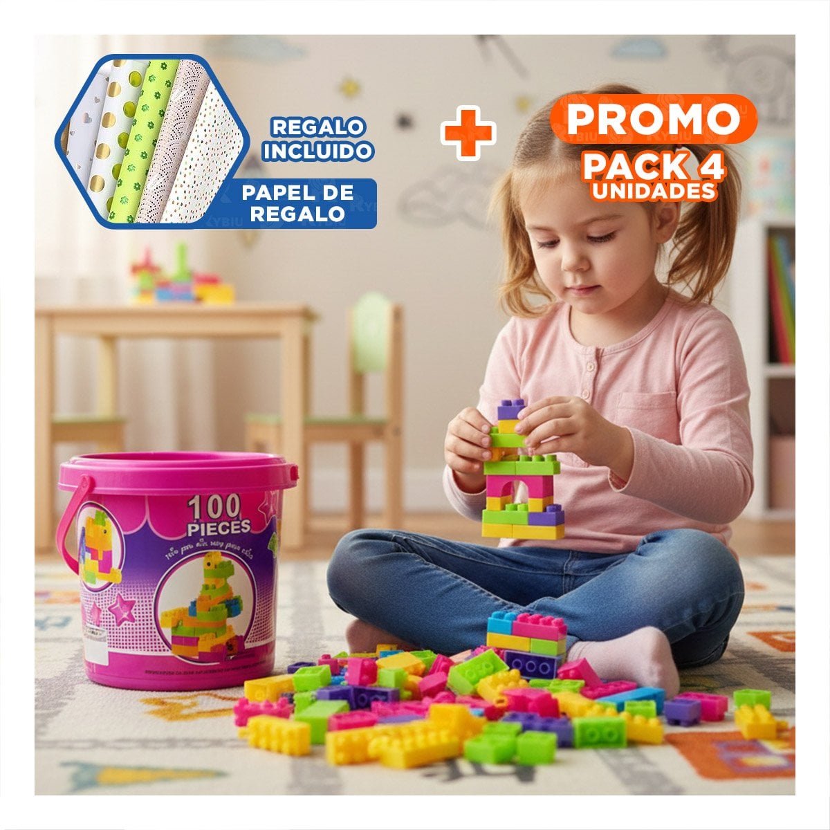 PACK4 JUEGO DE PIEZAS INFANTILES 100 PIEZAS MULTICOLOR ROSADO EN BALDE Y+PAPEL REGALO - 1