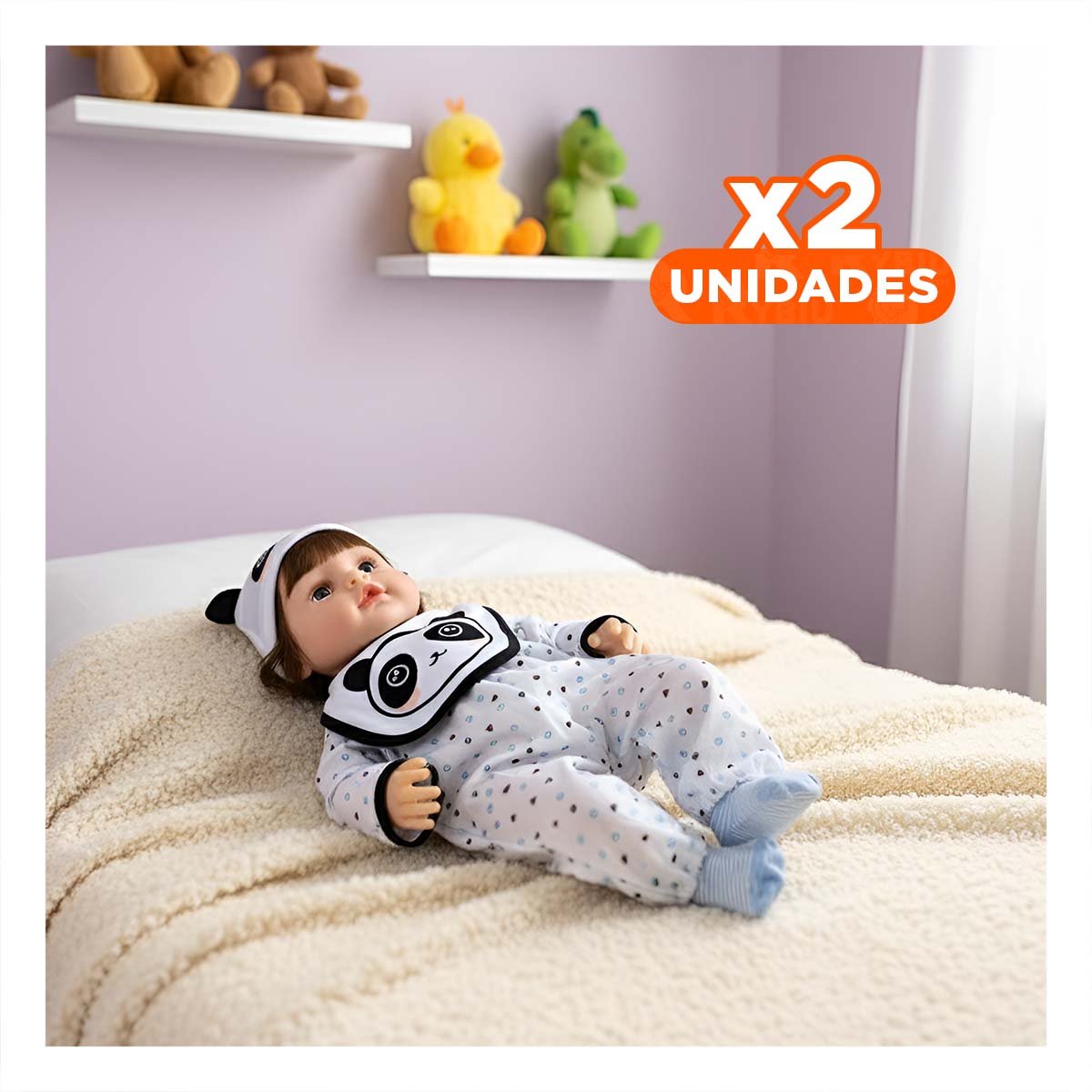 PACK2 ATUENDO BEBE BLANCO CON ESTILO PANDA Y ESTAMPADO DE CORAZONES 45CM Y+REGALO STICKER - 1