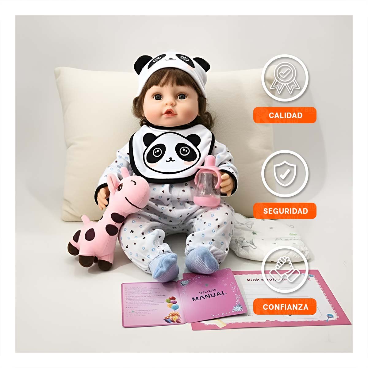 PACK2 ATUENDO BEBE BLANCO CON ESTILO PANDA Y ESTAMPADO DE CORAZONES 45CM Y+REGALO STICKER - 5
