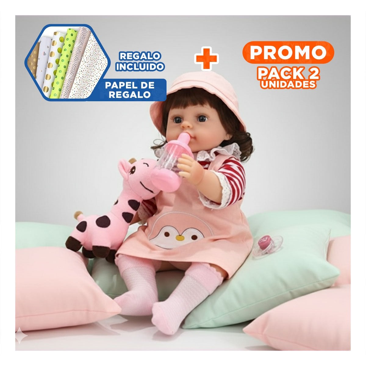 PACK2 ATUENDO DE MODA OVEROL CON SOMBRERO Y POLO RAYAS ROSADO 45CM Y+PAPEL REGALO - 1