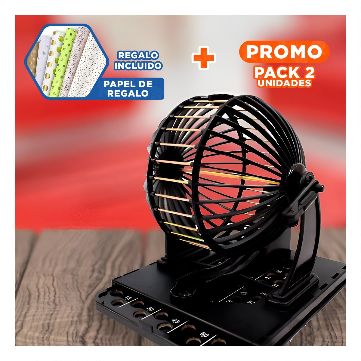 PACK2 ENTRETENIMIENTO NEO GRANDE DE BINGO PLASTICO Y METAL NEGRO PARA HOGAR Y+PAPEL REGALO - 1