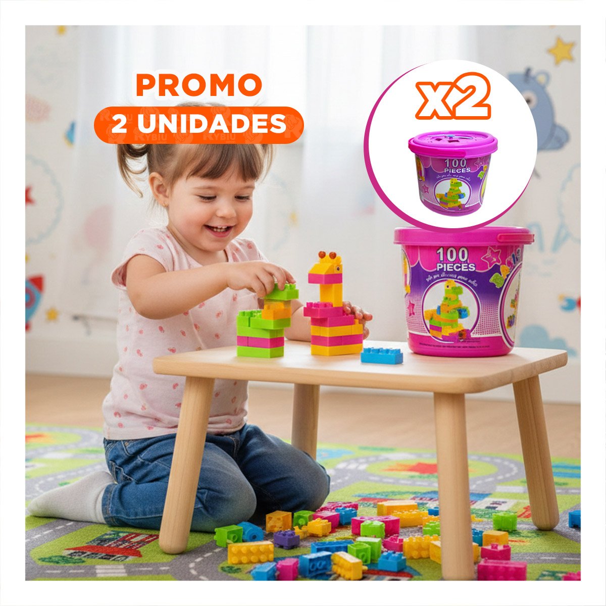 PACK2 BLOQUES PARA APRENDIZAJE INFANTIL 100 PIEZAS MULTICOLOR ROSADO EN BALDE Y+REGALO STICKER - 1