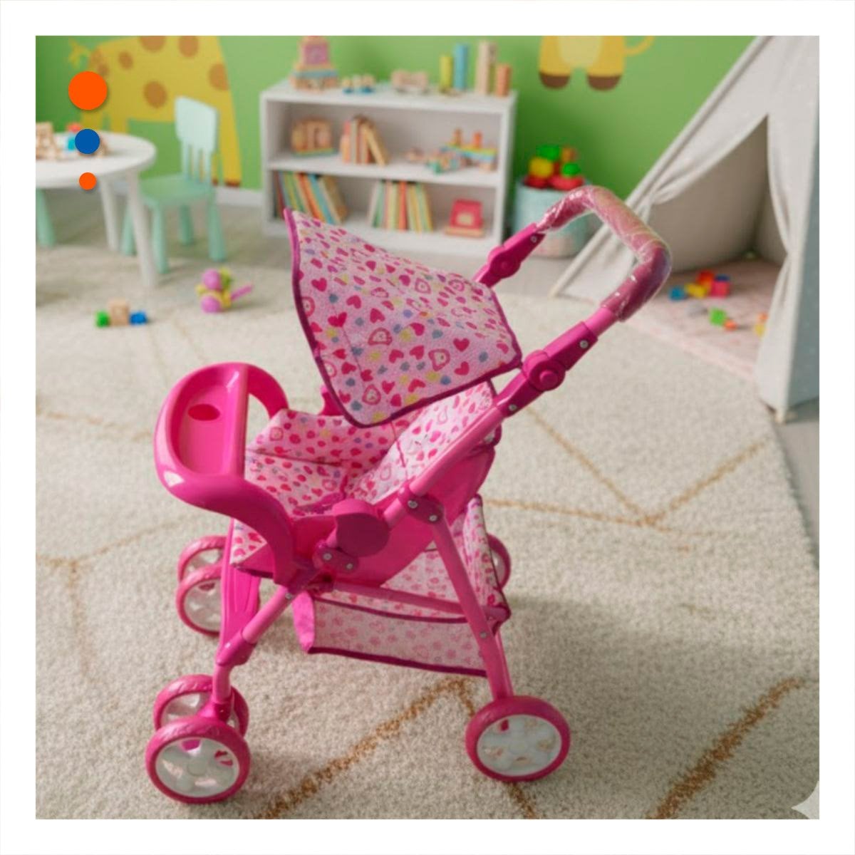 COCHE PARA MUÑECA CON APARIENCIA ENCANTADORA OSITOS Y CORAZONES ROSADO 68CM Y+POST IT - 3