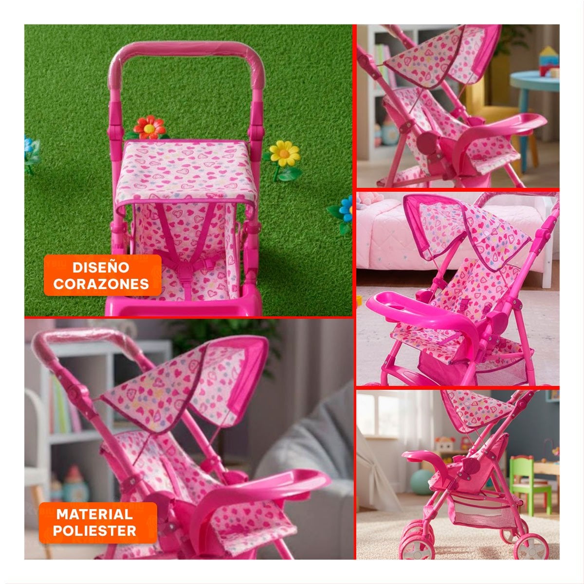 COCHE PARA MUÑECA CON APARIENCIA ENCANTADORA OSITOS Y CORAZONES ROSADO 68CM Y+POST IT - 5