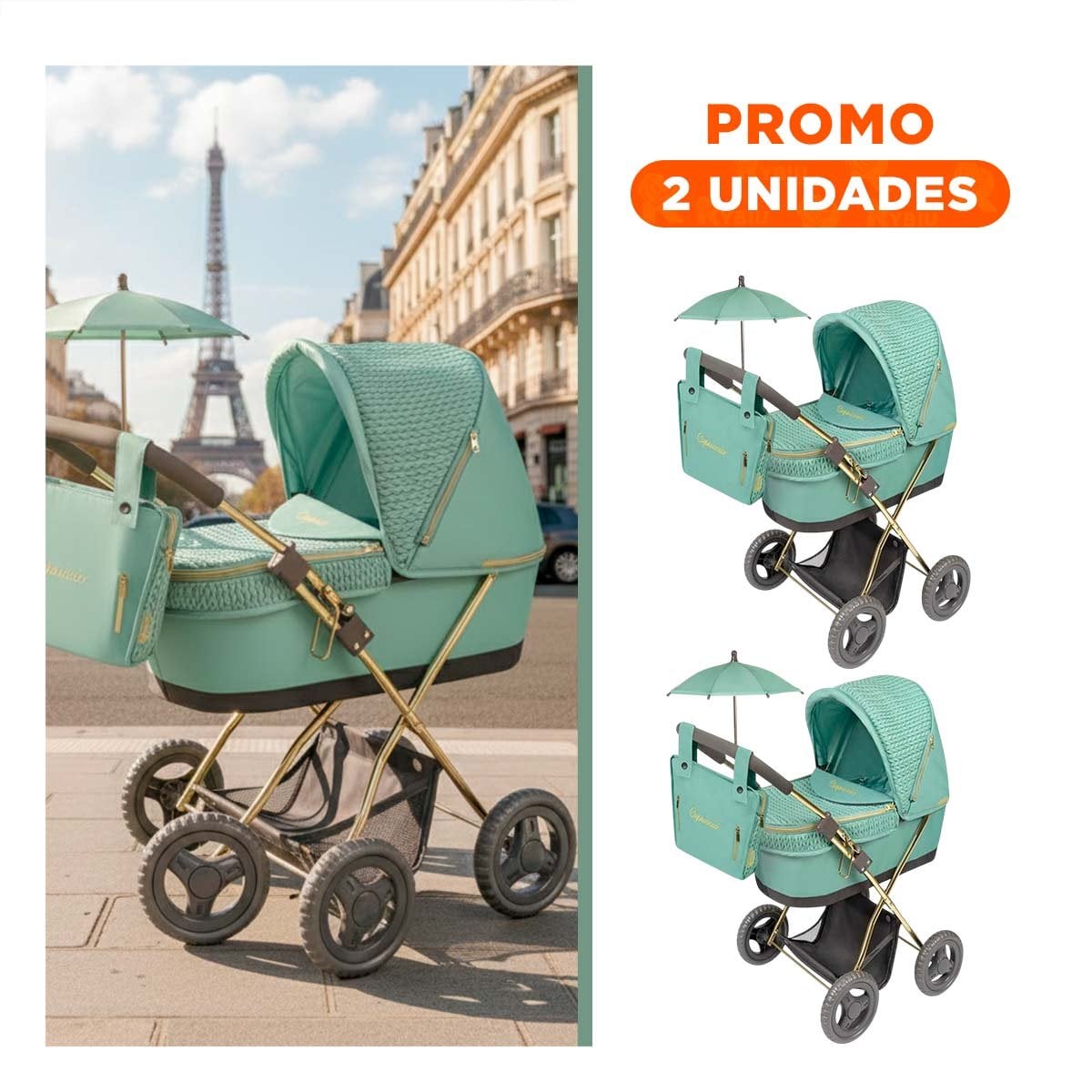PACK2 TRANSPORTADOR REBORN 28X70X80CM CON SOMBRILLA CAPRICCIO VERDE PARA MUNECA - 1