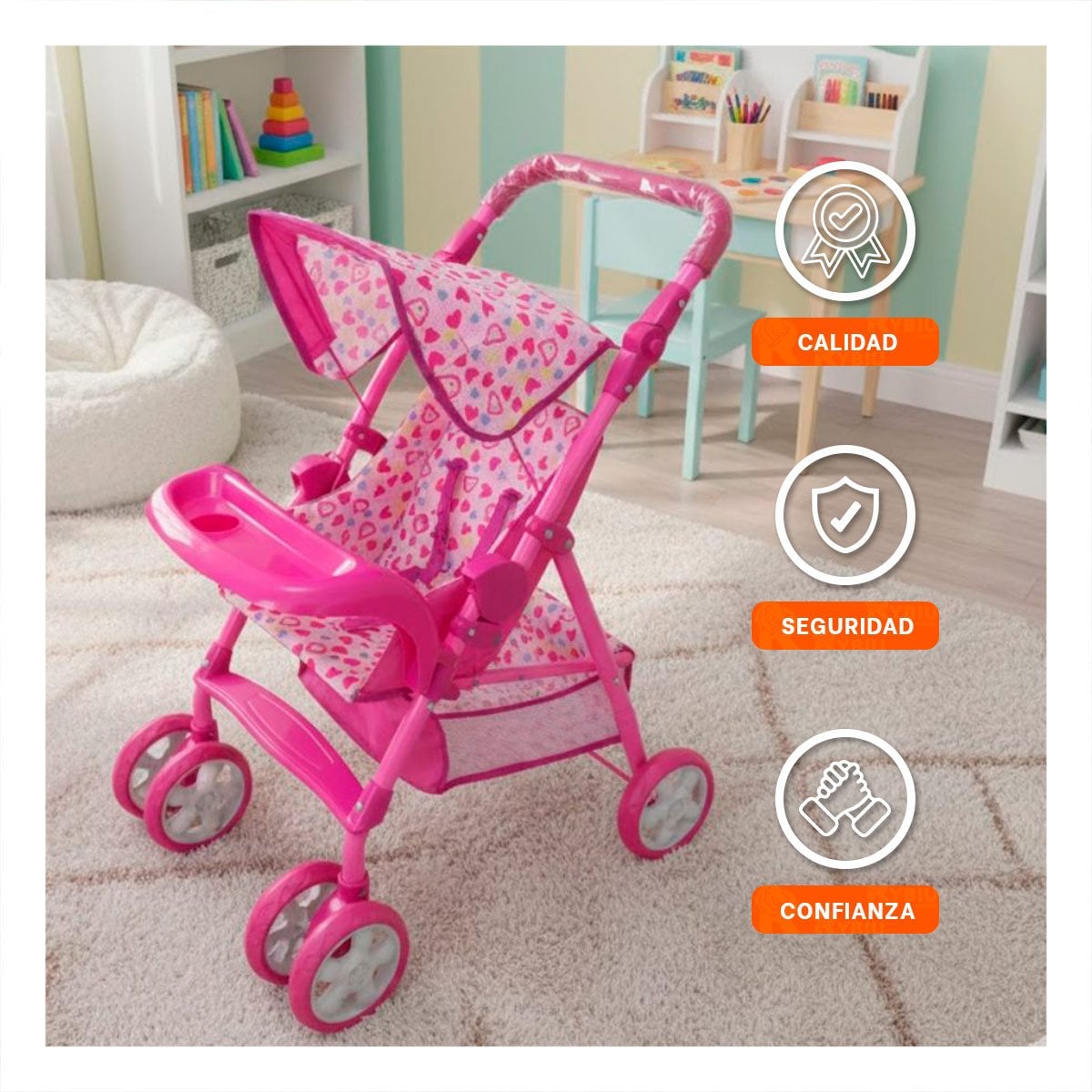 COCHE PARA MUÑECA DE JUEGO CON DETALLES DULCES OSITOS Y CORAZONES ROSADO 68CM Y+LIGAS REGALO - 2