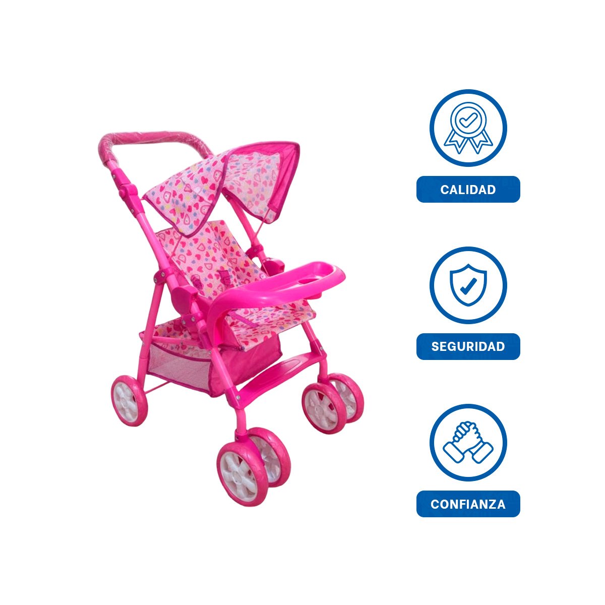 COCHE PARA MUÑECA DE JUEGO CON DETALLES DULCES OSITOS Y CORAZONES ROSADO 68CM Y+LIGAS REGALO - 3
