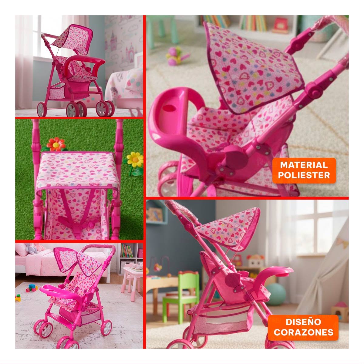 COCHE PARA MUÑECA DE JUEGO CON DETALLES DULCES OSITOS Y CORAZONES ROSADO 68CM Y+LIGAS REGALO - 5