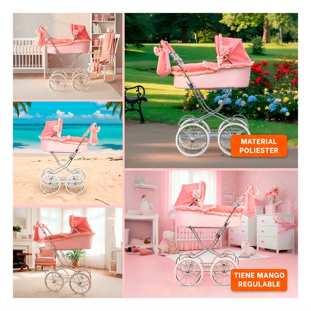 PASEADOR DE MUNECA CLASICO ESPANOL ROSADO 78X41.5X95CM USO DIARIO Y+LIGAS REGALO - 5