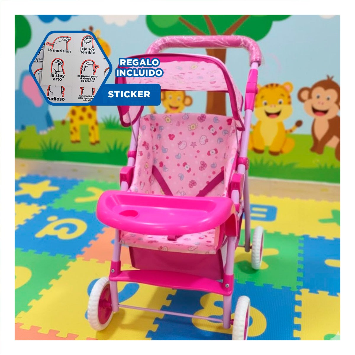 CARRO PARA MUÑECA DE JUEGO CON ACABADO COLORIDO CARAMELOS ROSADO 68CM Y+REGALO STICKER - 1