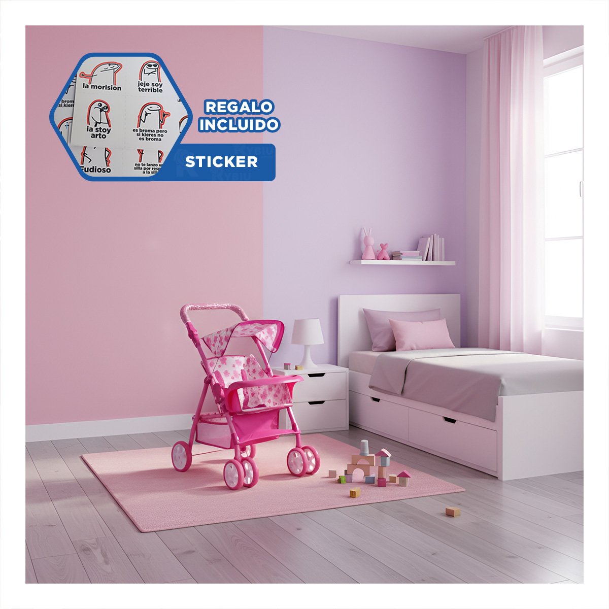 CARRIOLA PARA NENA INFANTIL CON FLORES DISENO SUAVE Y ATRACTIVO EN ROSADO 68CM Y+REGALO STICKER - 1