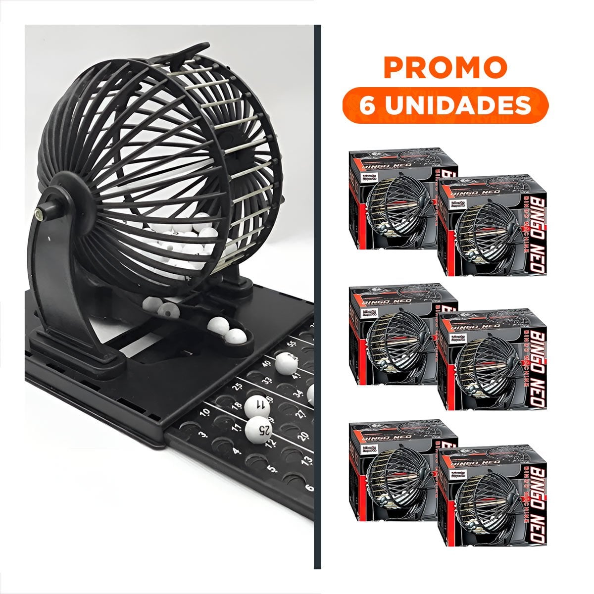 PACK6 DIVERSION NEO GRANDE DE BINGO PLASTICO Y METAL NEGRO PARA REUNIONES FAMILIARES - 1