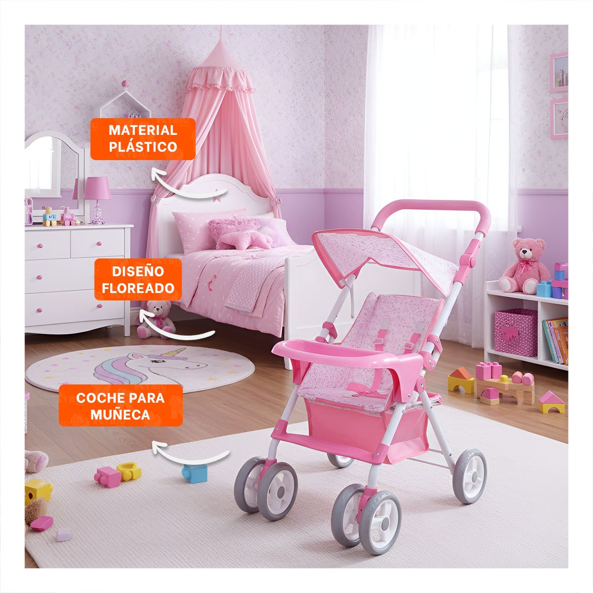 CARRO PARA BEBE DE JUGUETE CON DETALLES FLORALES EN ROSADO 68CM Y+POST IT - 2