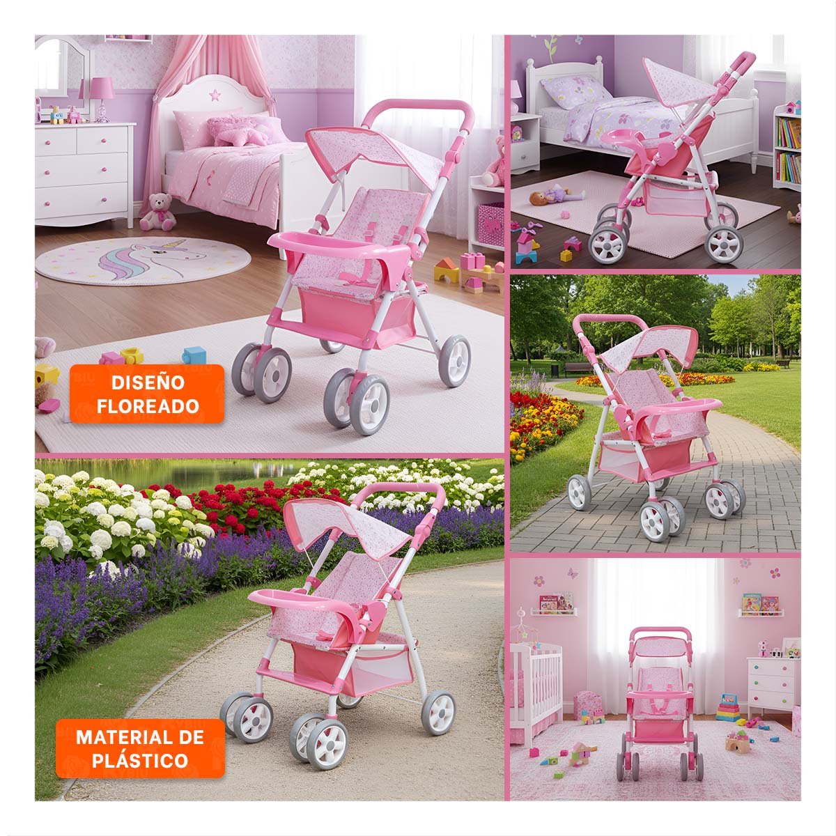 CARRO PARA BEBE DE JUGUETE CON DETALLES FLORALES EN ROSADO 68CM Y+POST IT - 5