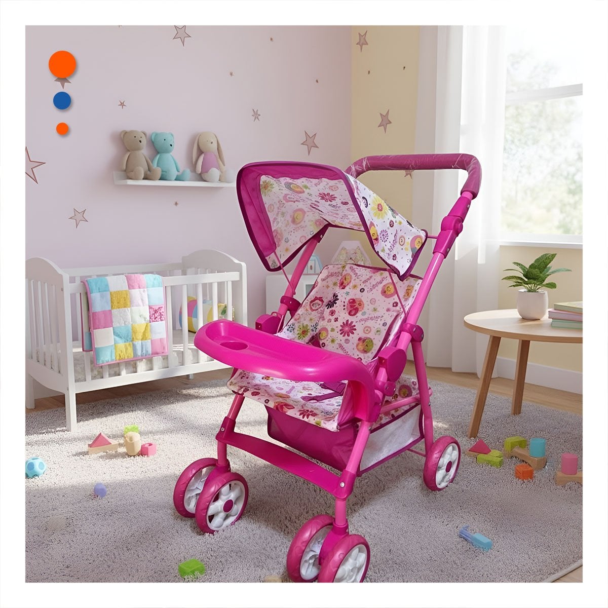 CARRO INFANTIL PARA JUEGO DIARIO CON ESTAMPA FLORES COLORES Y ACABADO ROSADO 68CM - 1