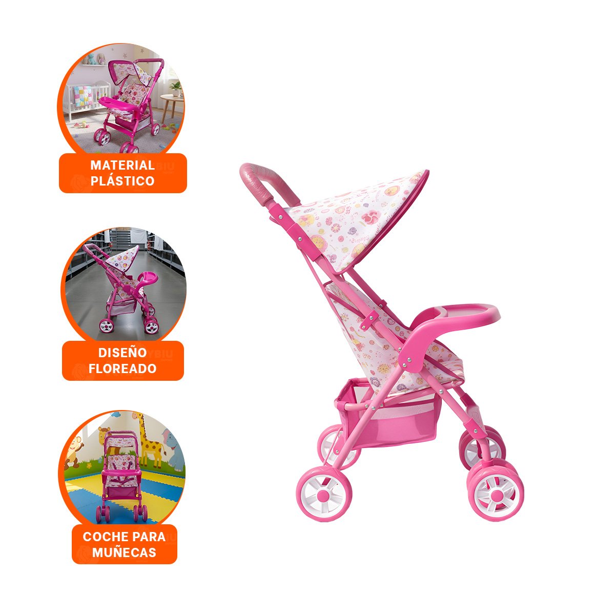 CARRO INFANTIL PARA JUEGO DIARIO CON ESTAMPA FLORES COLORES Y ACABADO ROSADO 68CM - 3