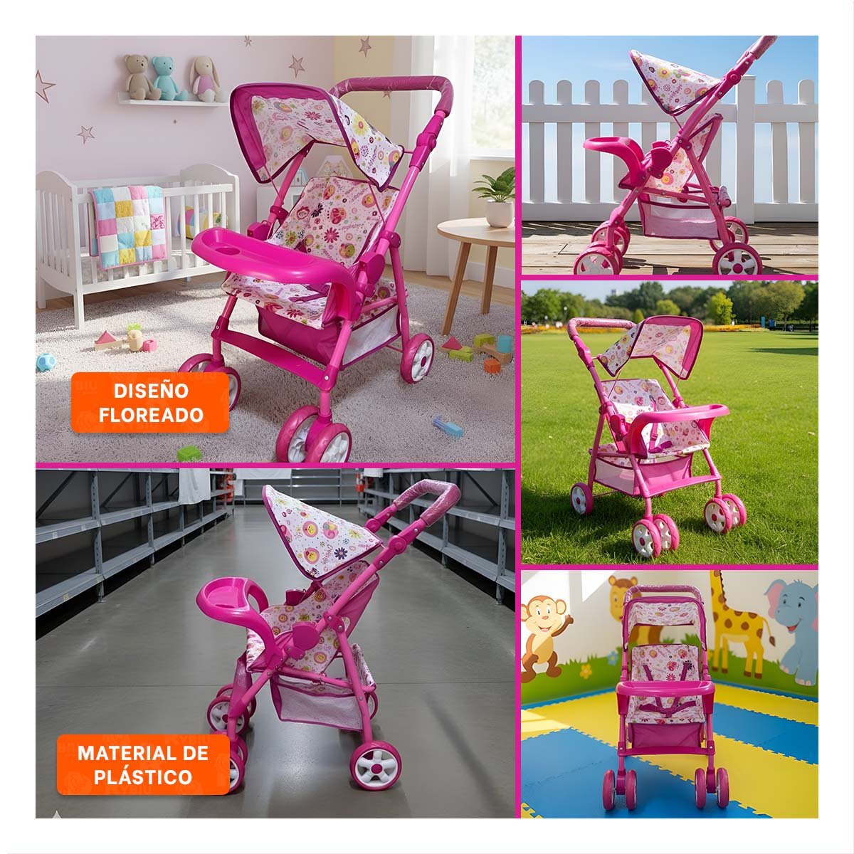 CARRO INFANTIL PARA JUEGO DIARIO CON ESTAMPA FLORES COLORES Y ACABADO ROSADO 68CM - 5