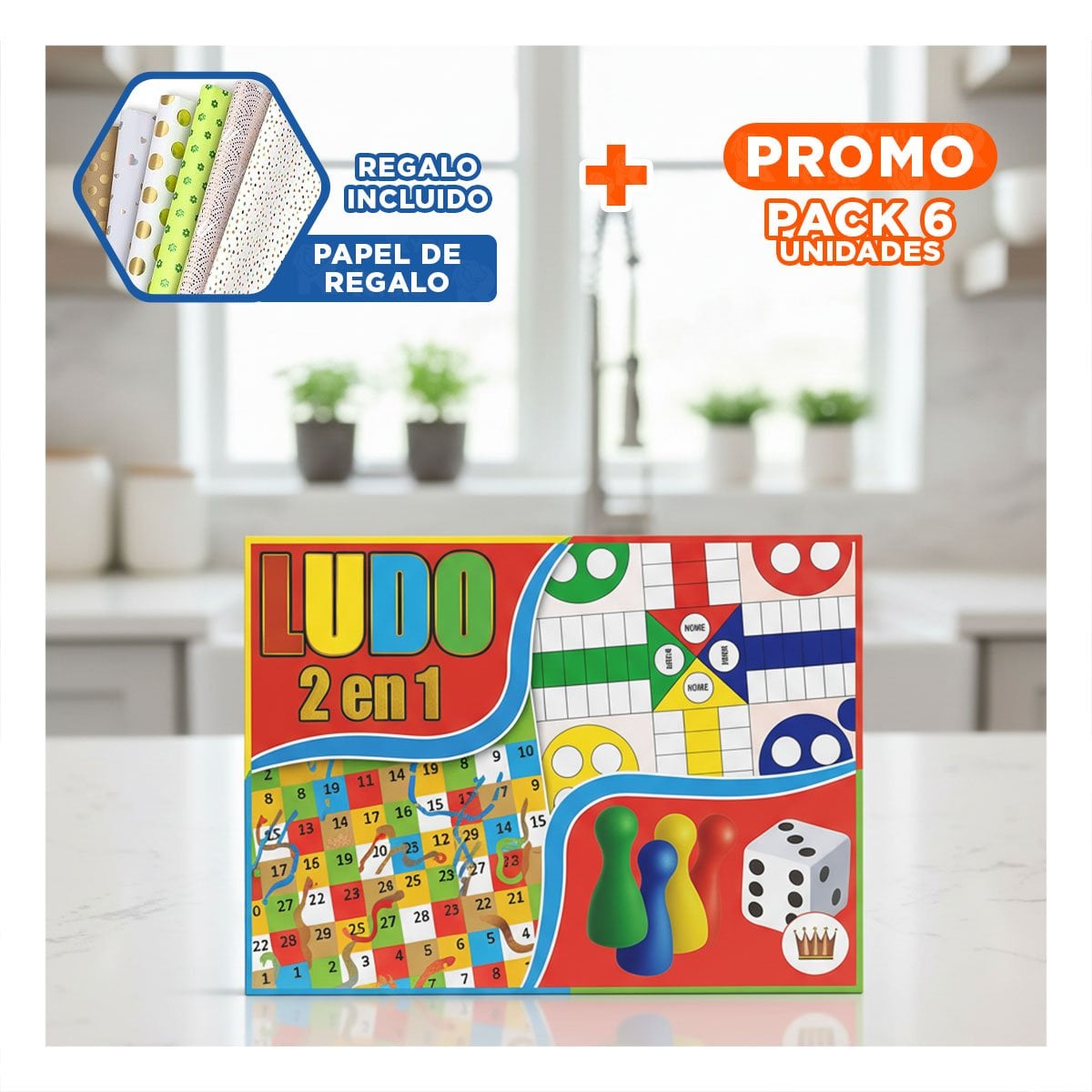 PACK6 ALTERNATIVA DE MESA LUDO 2 EN 1 TRADICIONAL PARA DIVERSION EN CASA Y+PAPEL REGALO - 1