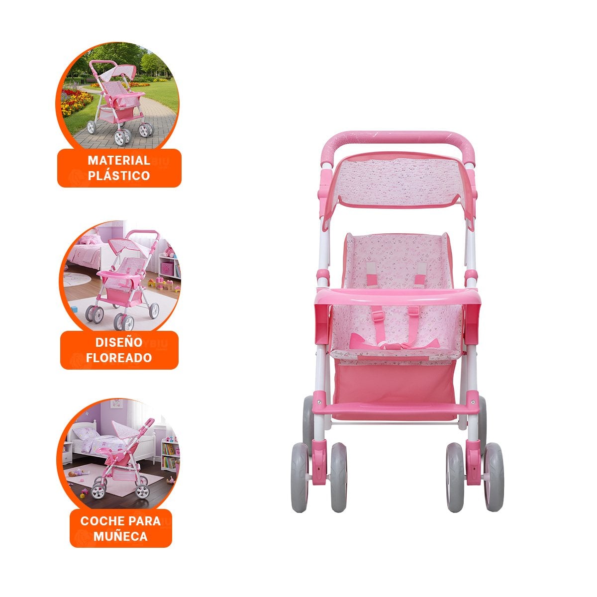 CARRO PARA BEBE DE JUGUETE CON DISENO FLORAL ROSADO PARA JUEGO 68CM - 3