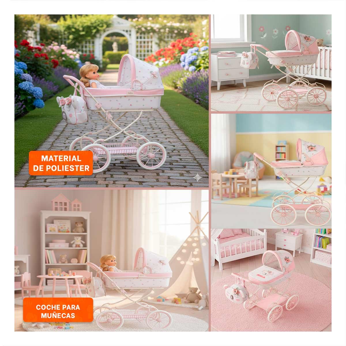 PASEADOR DE MUNECA KOALA 42X80X80CM PLEGABLE PARA JUEGO RECREATIVO ROSADO Y BLANCO - 5