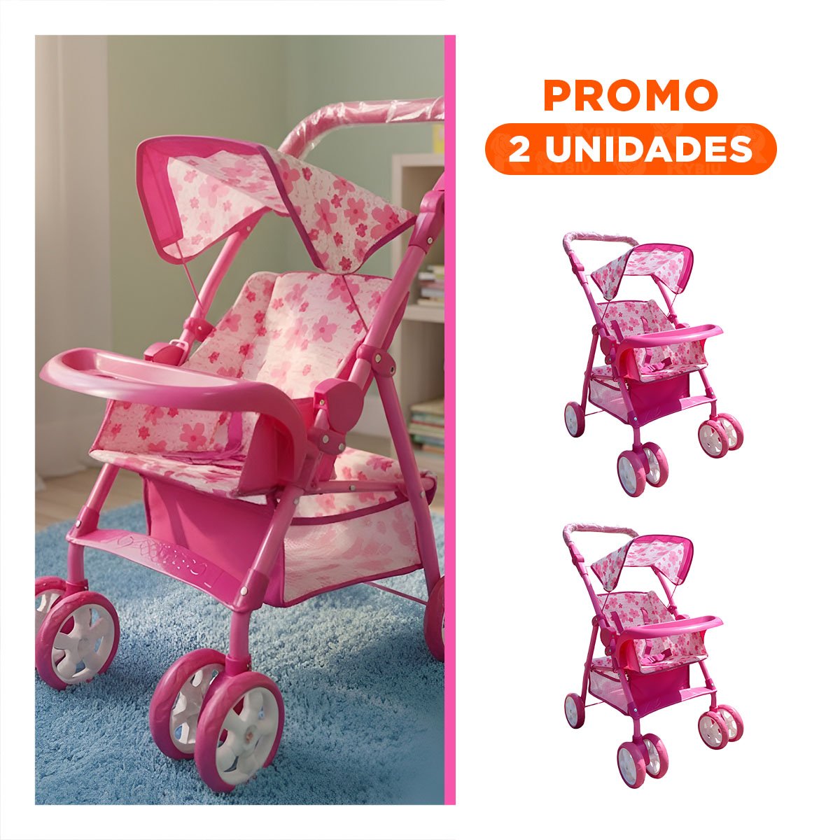 PACK2 VEHICULO INFANTIL APARIENCIA SUAVE CON DETALLES FLORALES EN ROSADO 68CM - 1