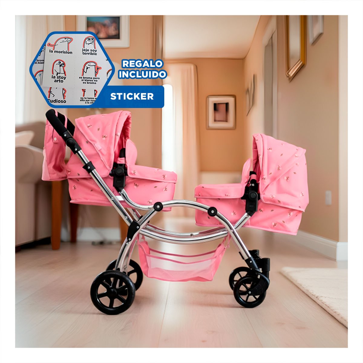CARRO DE MUNECA GEMELAR ROSADO 46X96X88CM FORMATO AMPLIO PARA DOS MUNECAS Y+REGALO STICKER - 1