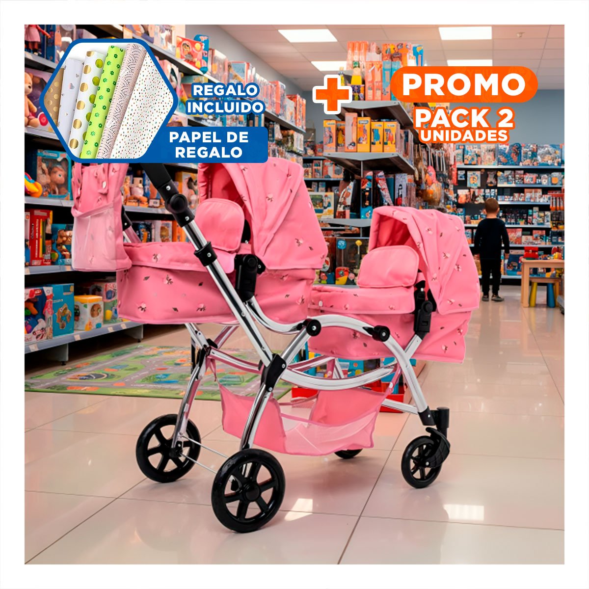 PACK2 PASEADOR DE MUNECA GEMELAR ROSADO 46X96X88CM USO DIARIO INFANTIL Y+PAPEL REGALO - 1