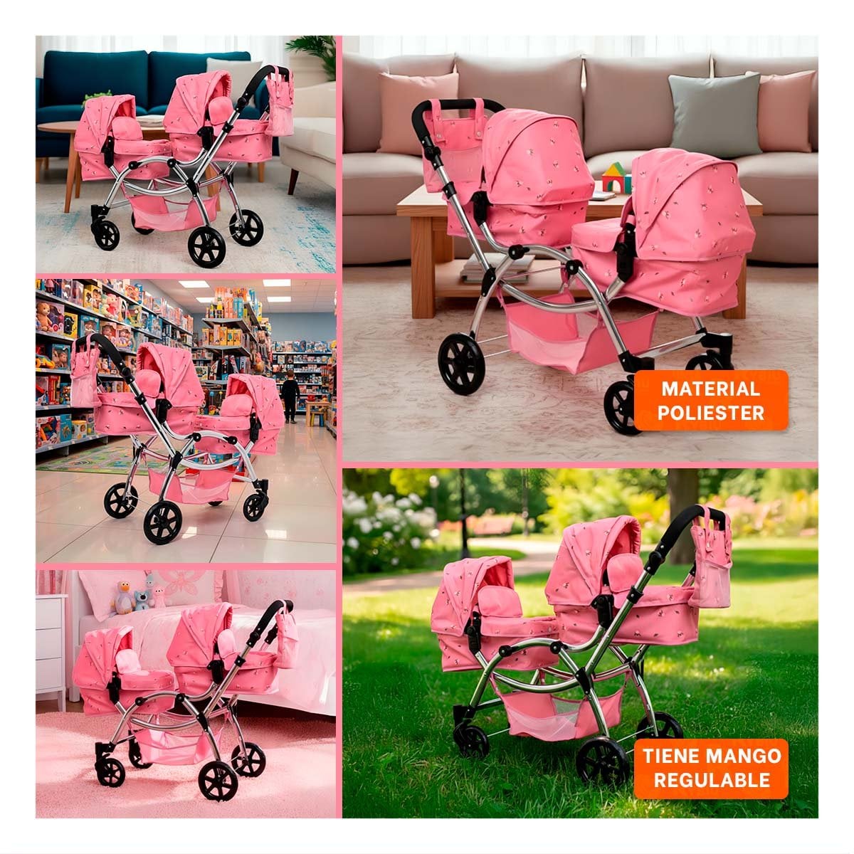 PACK2 PASEADOR DE MUNECA GEMELAR ROSADO 46X96X88CM USO DIARIO INFANTIL Y+PAPEL REGALO - 3