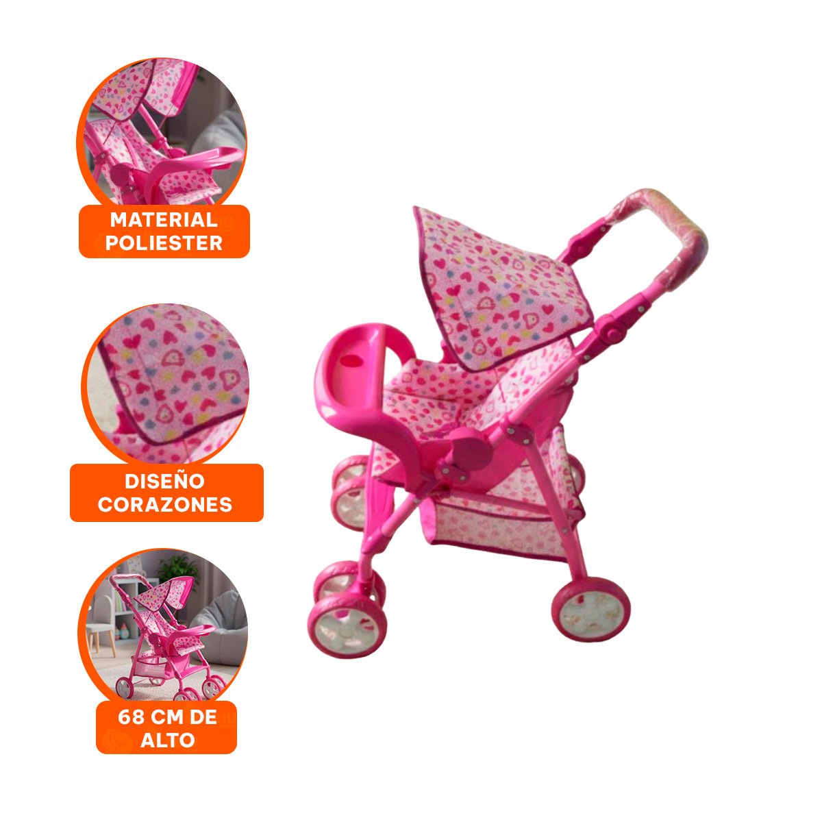 COCHE PARA MUÑECA CON ESTILO OSITOS Y CORAZONES PENSADO PARA JUEGO DIARIO ROSADO 68CM - 3