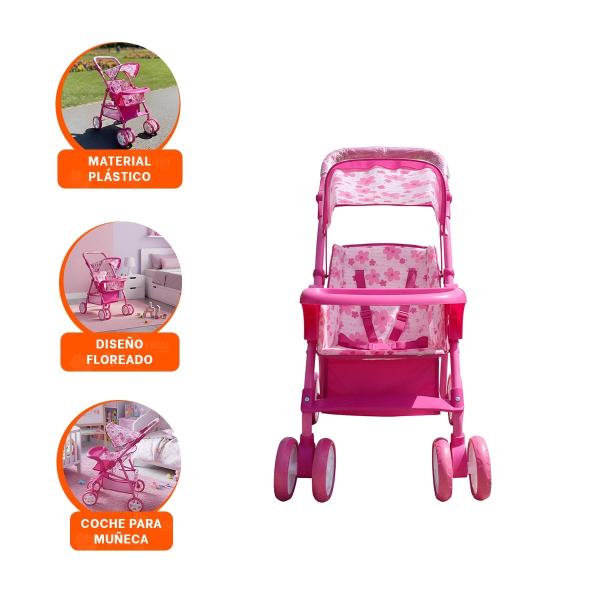 CARRIOLA PARA NENA INFANTIL CON FLORES PARA JUEGO IMAGINATIVO EN ROSADO 68CM - 3