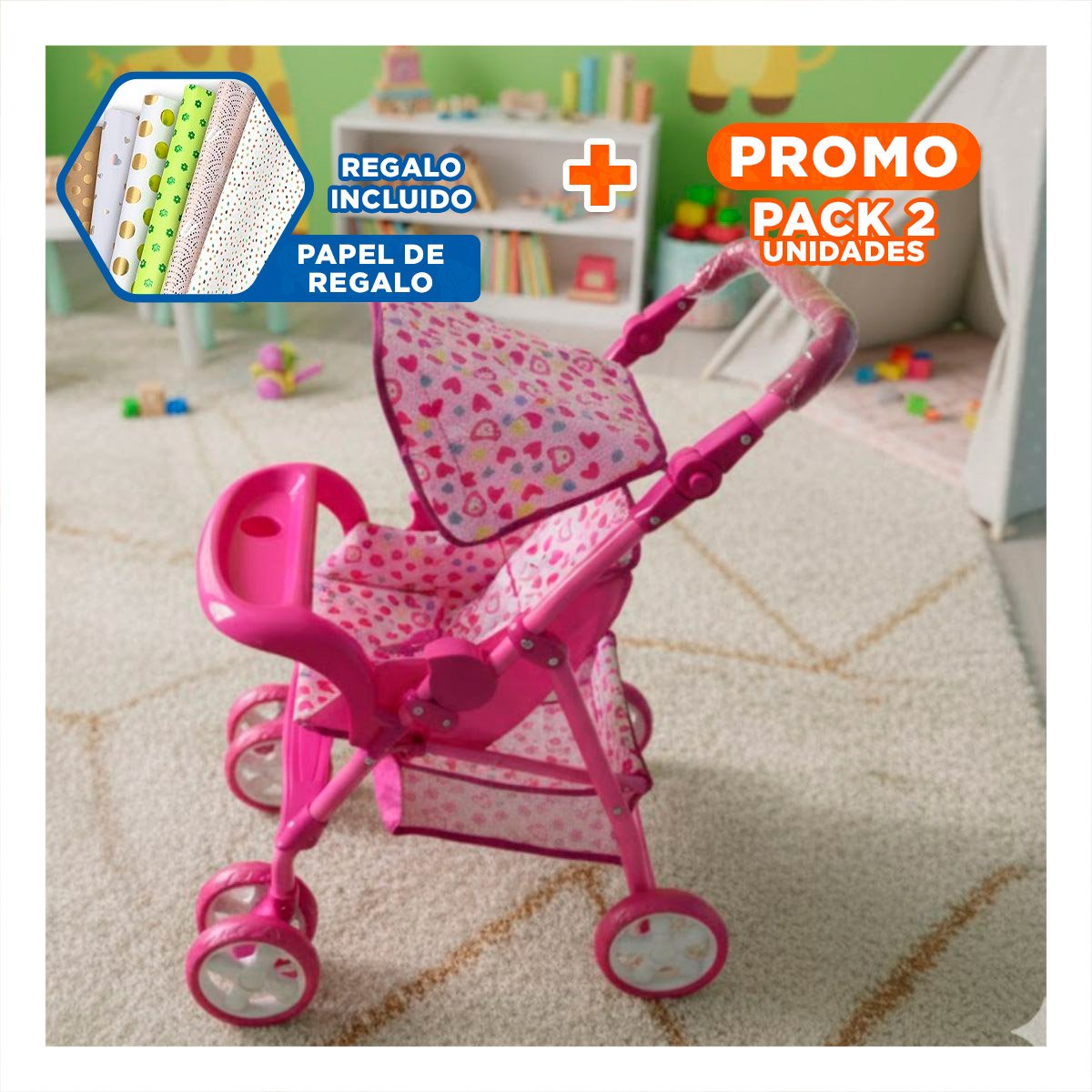 PACK2 TRANSPORTE PARA MUÑECA DE OSITOS Y CORAZONES PARA USO INFANTIL ROSADO 68CM Y+PAPEL REGALO - 1