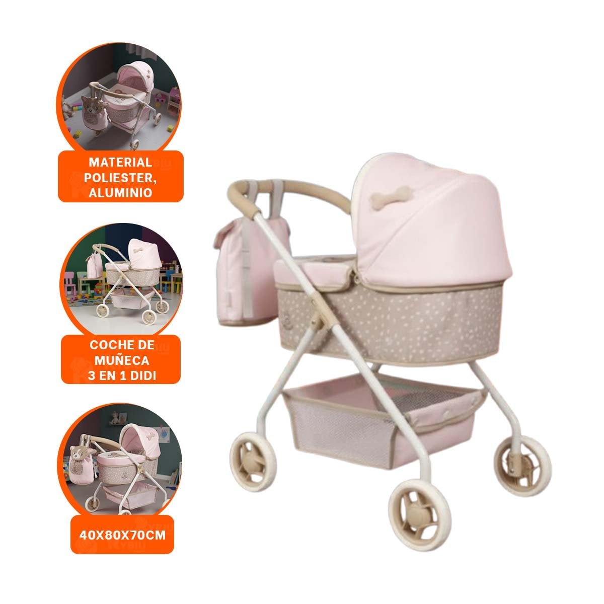 CARREOLA DIDI 3 EN 1 40X80X70CM CON FORMATO VERSATIL PARA JUEGO INFANTIL - 3