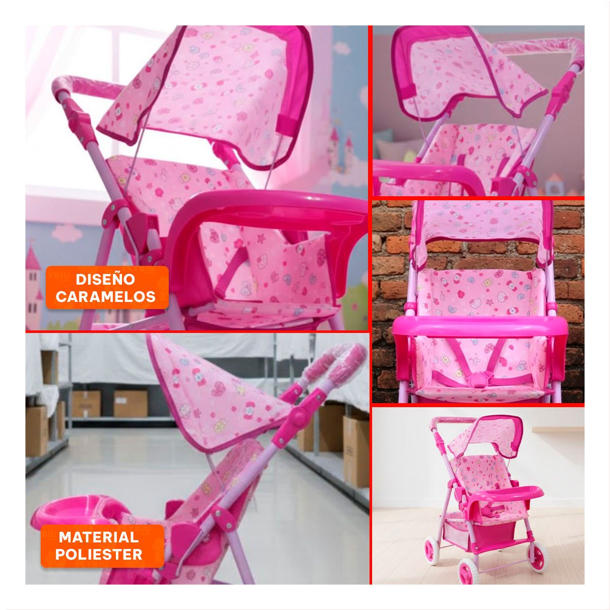 CARRO PARA MUÑECA CON ESTETICA CARAMELOS PARA USO INFANTIL ROSADO 68CM Y+POST IT - 5