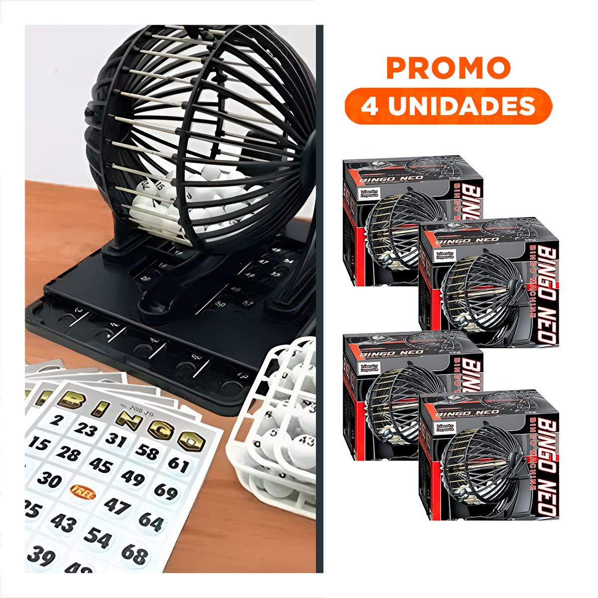 PACK4 ENTRETENIMIENTO TRADICIONAL DE BINGO NEO GRANDE PLASTICO Y METAL NEGRO Y+REGALO STICKER - 1