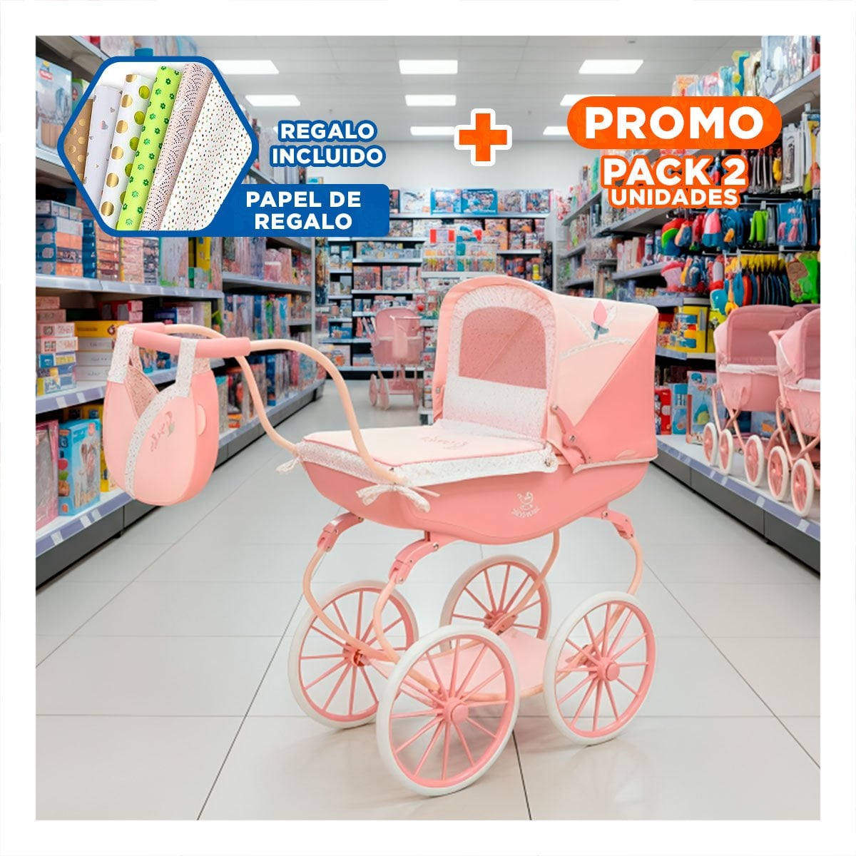 PACK2 CARRO DE MUNECA REBORN TULIPE ROSADO 38X65X84CM PARA JUEGO CREATIVO Y+PAPEL REGALO - 1