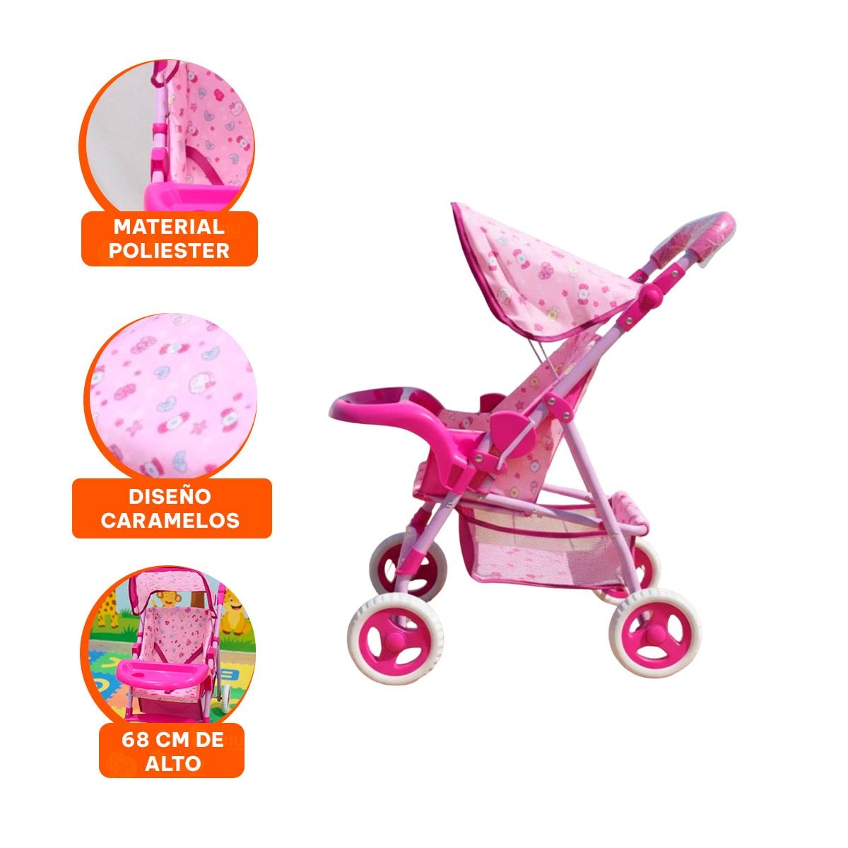 CARRO PARA MUÑECA CON DISEÑO CARAMELOS Y ESTRUCTURA RESISTENTE ROSADO 68CM - 3