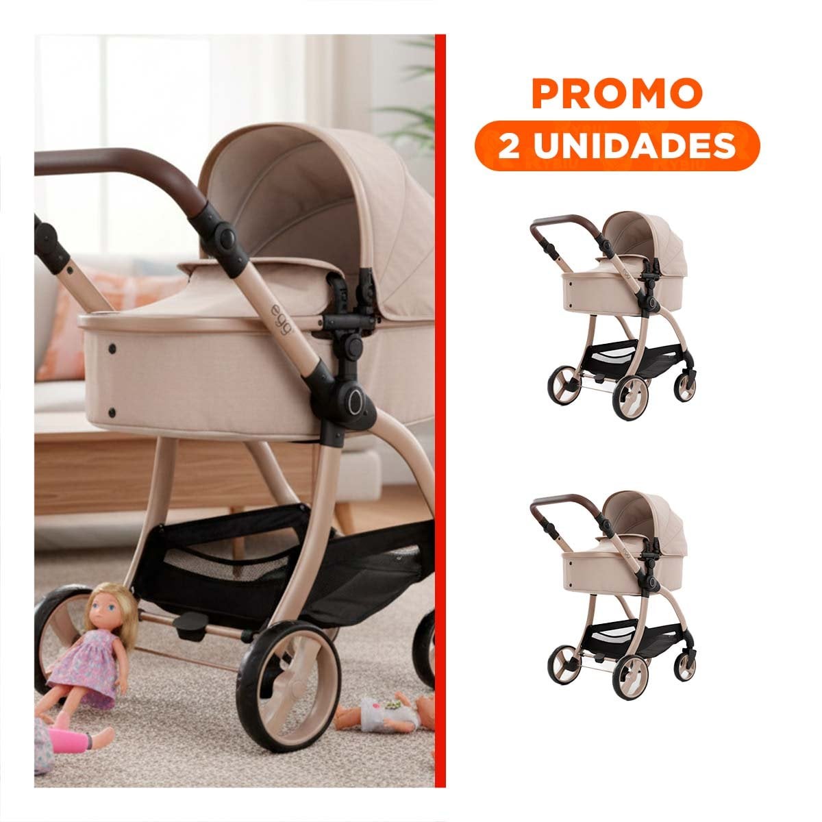 PACK2 TRANSPORTADOR DE PASEO PARA MUNECA CAPAZO BEIGE 79X48X84CM INFANTIL - 1