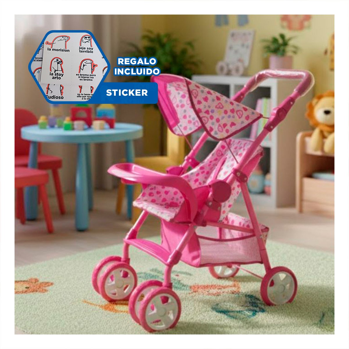 COCHE PARA MUÑECA CON ESTAMPA OSITOS Y CORAZONES PARA NIÑAS ROSADO 68CM Y+REGALO STICKER - 1