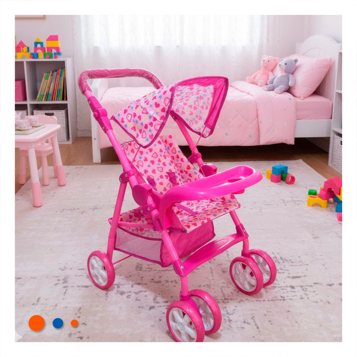 COCHE PARA MUÑECA CON ESTAMPA OSITOS Y CORAZONES PARA NIÑAS ROSADO 68CM Y+REGALO STICKER - 2