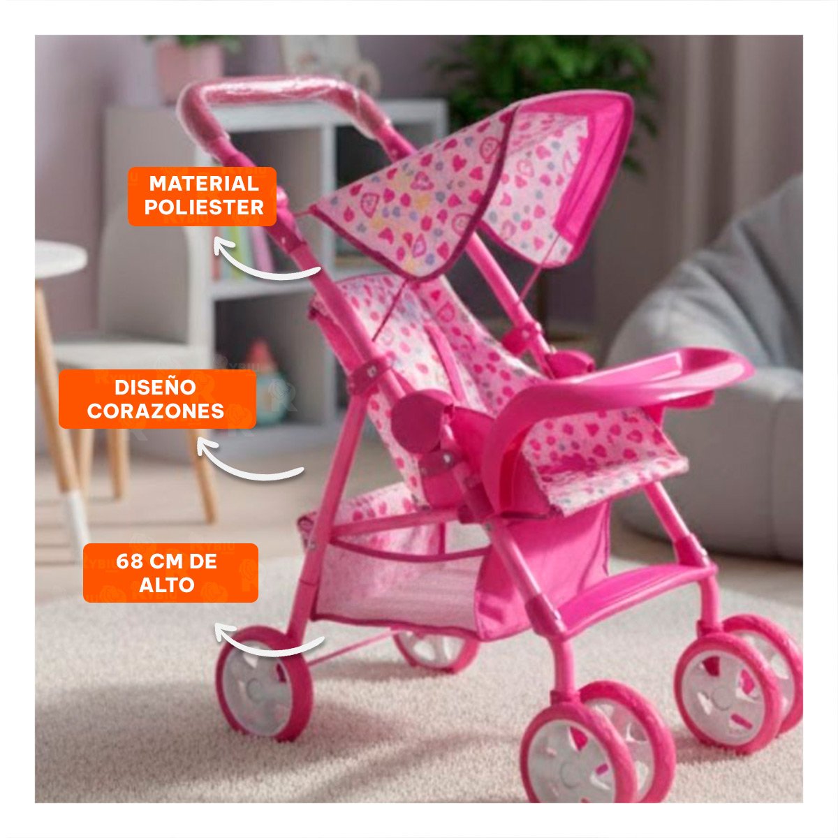 COCHE PARA MUÑECA CON ESTAMPA OSITOS Y CORAZONES PARA NIÑAS ROSADO 68CM Y+REGALO STICKER - 5