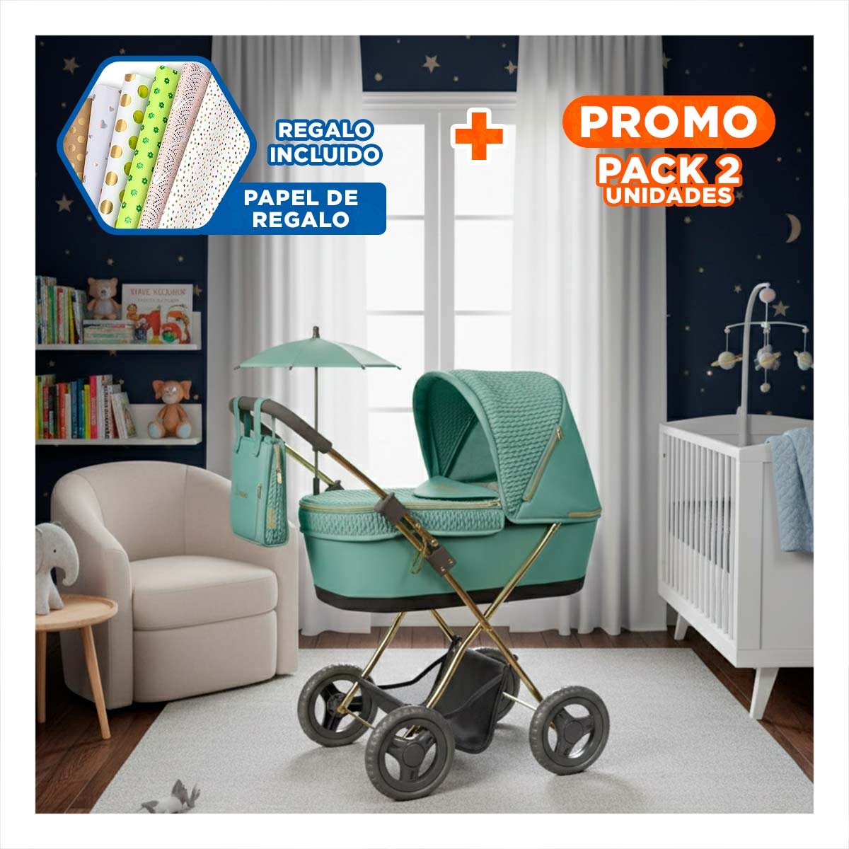 PACK2 TRANSPORTADOR INFANTIL PARA MUNECA REBORN CON SOMBRILLA VERDE 28X70X80CM Y+PAPEL REGALO - 1