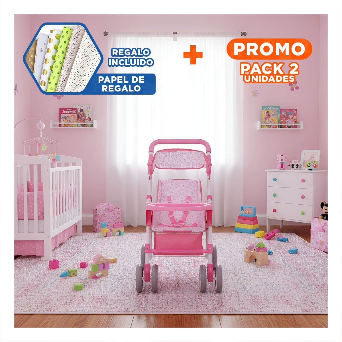 PACK2 TRANSPORTADOR PARA BEBE DE JUGUETE CON RUEDAS FUNCIONALES PARA JUEGO 68CM Y+PAPEL REGALO - 1