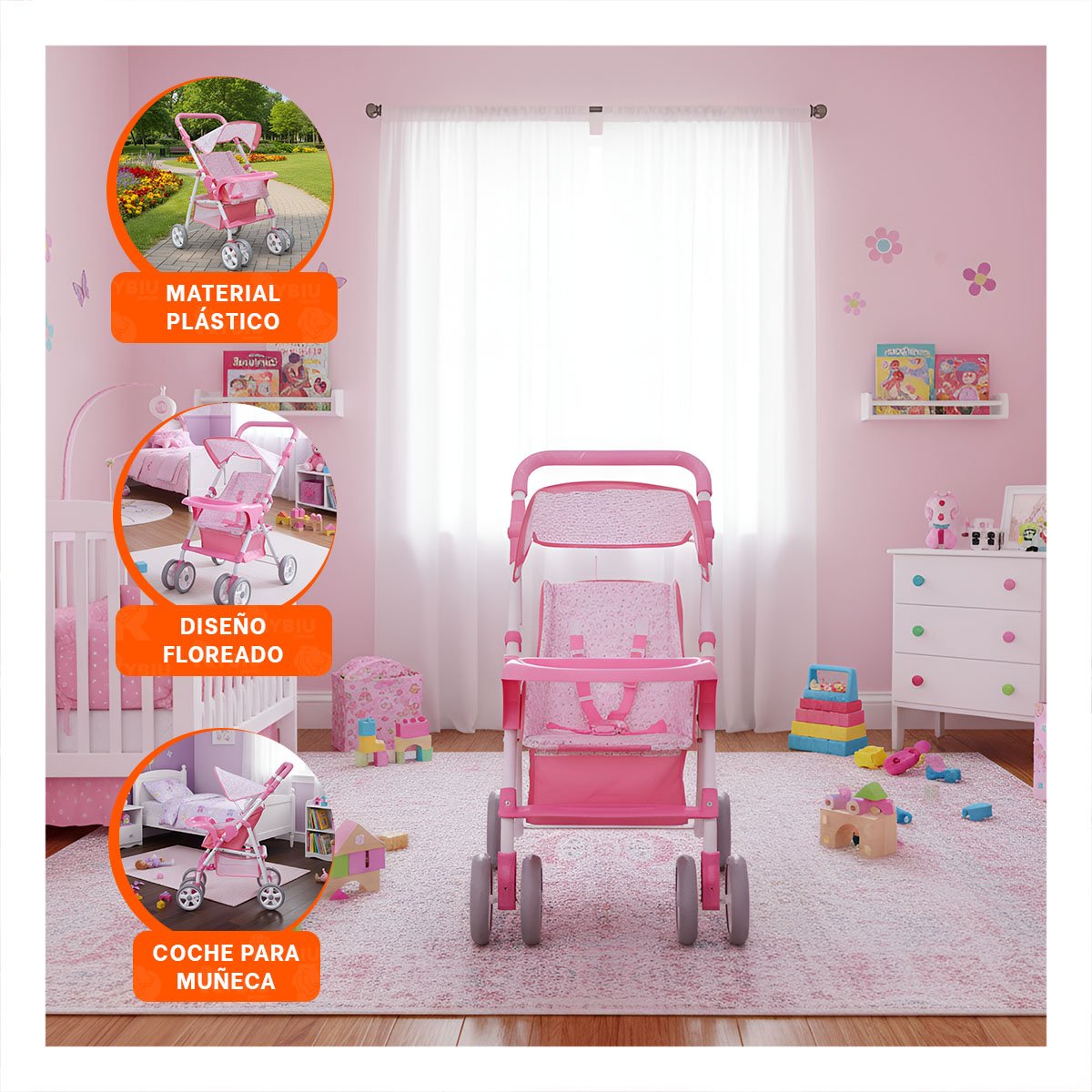 PACK2 TRANSPORTADOR PARA BEBE DE JUGUETE CON RUEDAS FUNCIONALES PARA JUEGO 68CM Y+PAPEL REGALO - 5