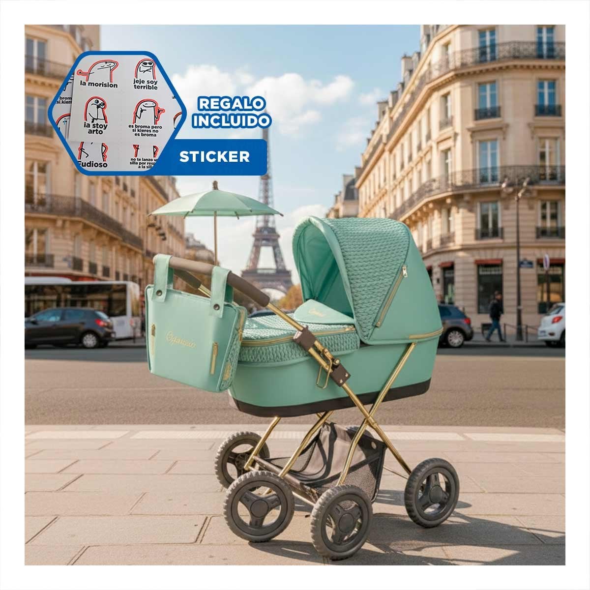CARREOLA TIPO BEBE CON SOMBRILLA CAPRICCIO VERDE PARA MUNECA REBORN 28X70X80CM Y+REGALO STICKER - 1