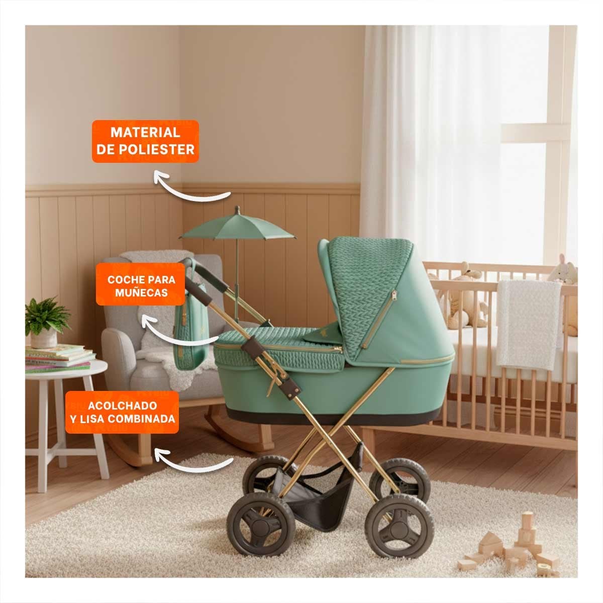CARREOLA TIPO BEBE CON SOMBRILLA CAPRICCIO VERDE PARA MUNECA REBORN 28X70X80CM Y+REGALO STICKER - 5