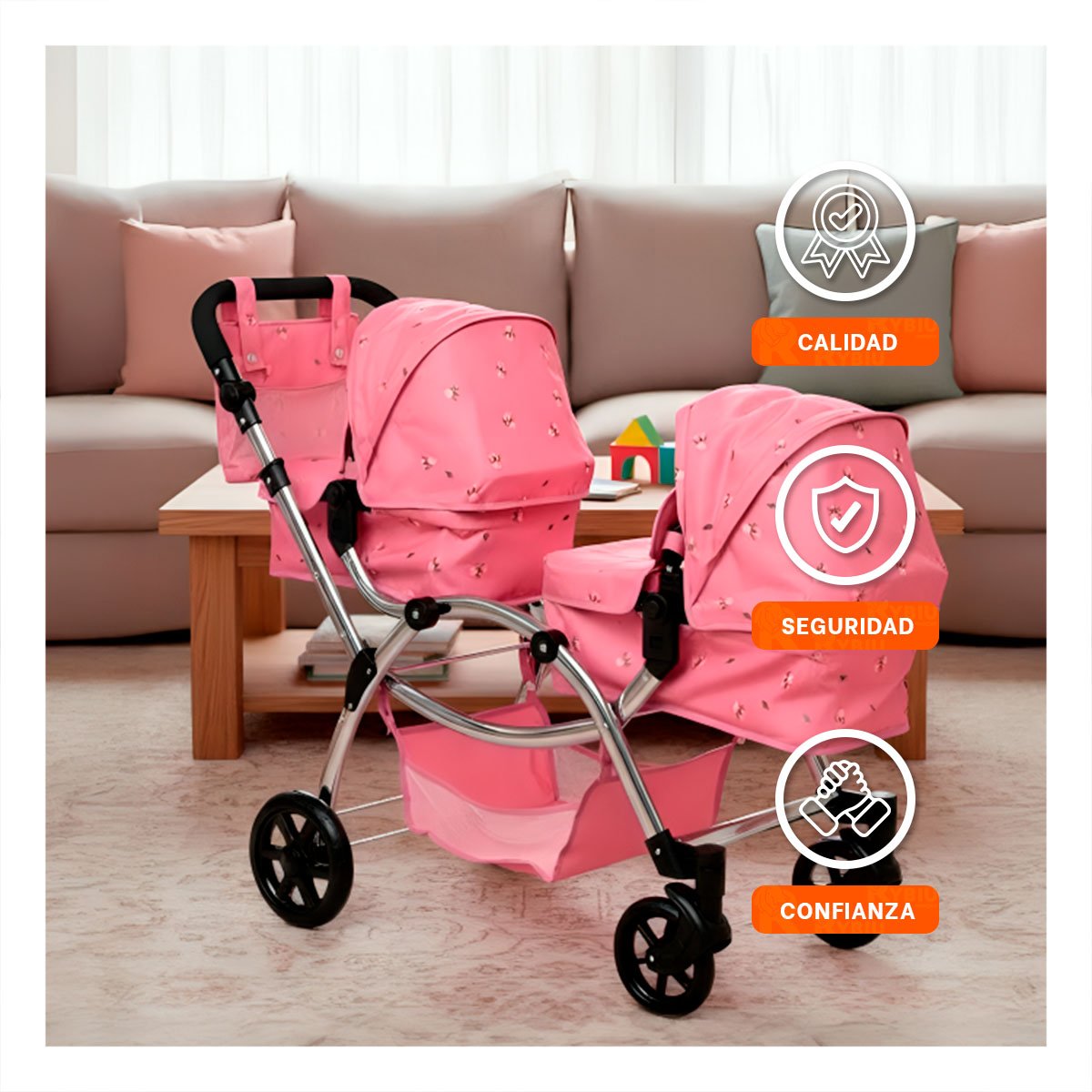 CARRO DE MUNECA GEMELAR ROSADO 46X96X88CM USO DOMESTICO INFANTIL Y+LIGAS REGALO - 2