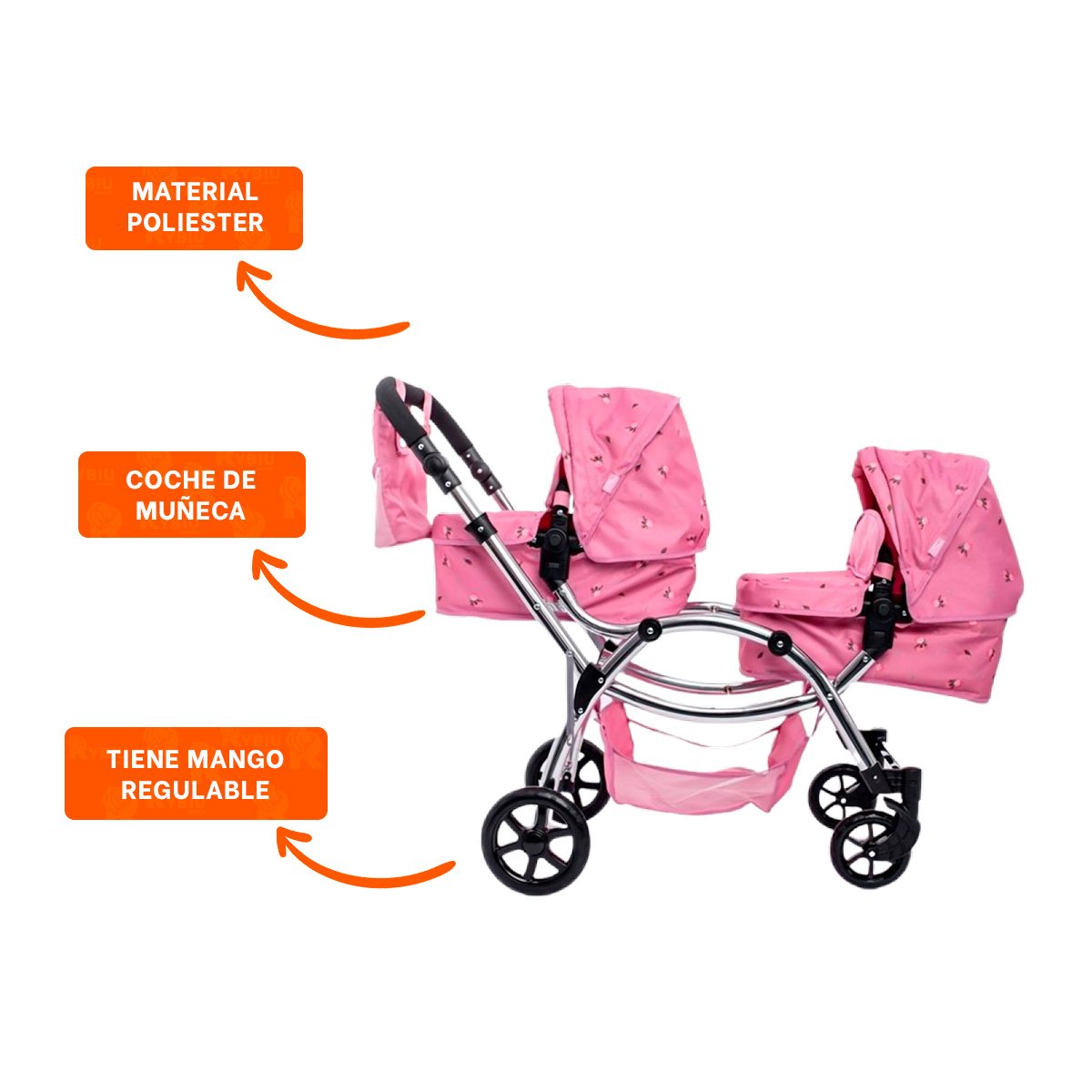 CARRO DE MUNECA GEMELAR ROSADO 46X96X88CM USO DOMESTICO INFANTIL Y+LIGAS REGALO - 3
