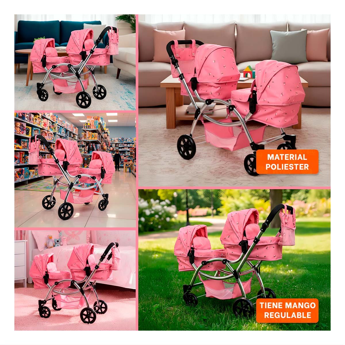 CARRO DE MUNECA GEMELAR ROSADO 46X96X88CM USO DOMESTICO INFANTIL Y+LIGAS REGALO - 5
