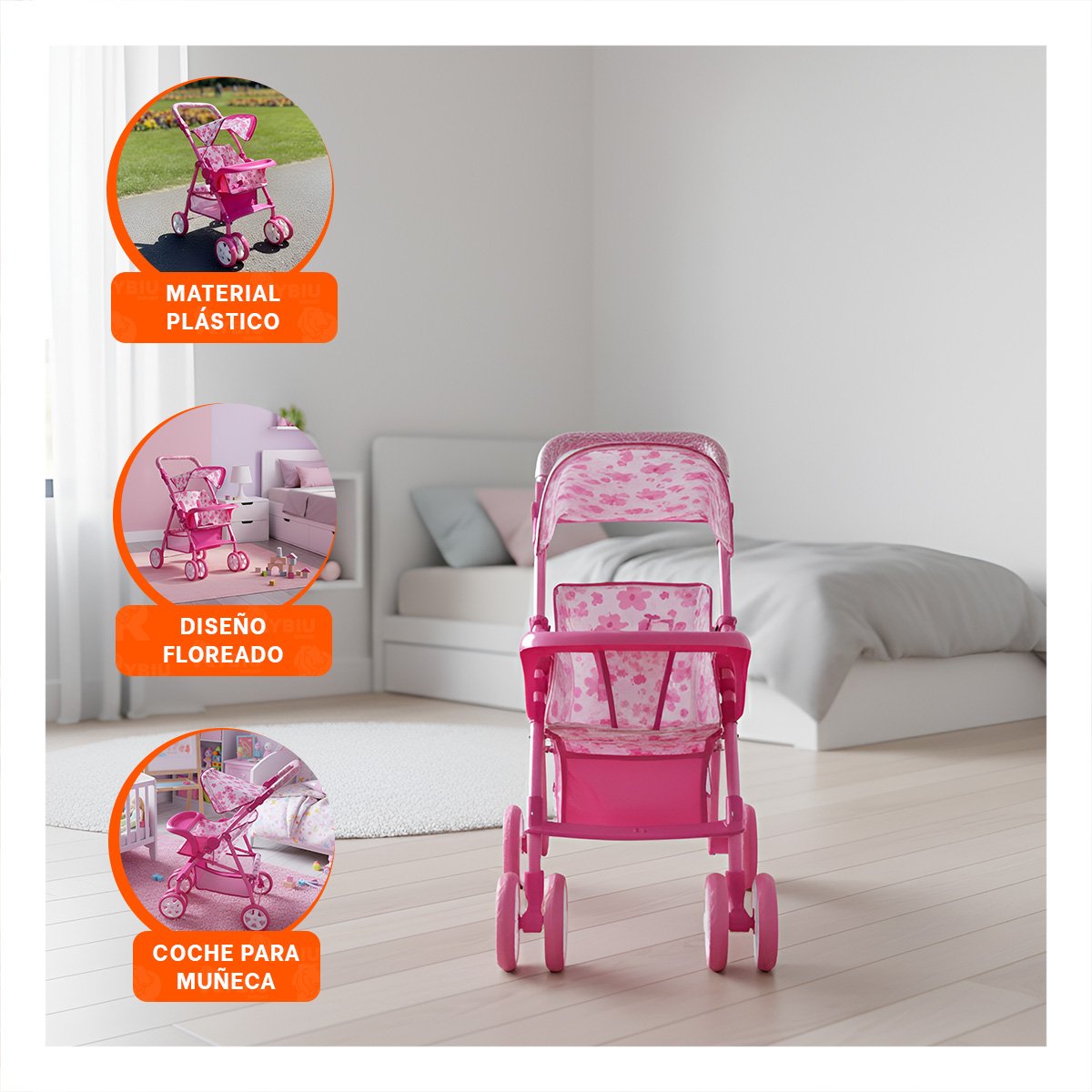 CARRIOLA PARA NENA CON ESTILO FLORAL PARA USO EN CASA EN ROSADO 68CM Y+PAPEL REGALO - 5
